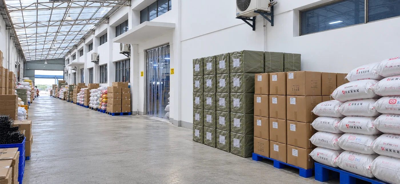 Hongxin packing and supply warehouse aisle with prepared goods