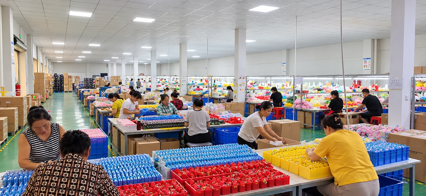 Hongxin toy assembly workshop with workers assembling toys